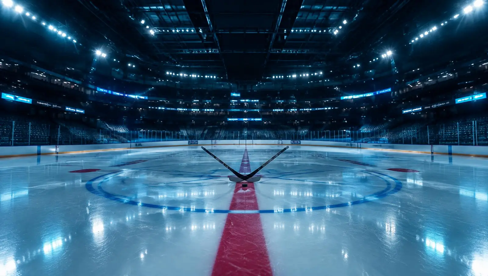 Empty ice hockey rink at center ice